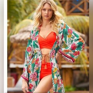 BOSTON PROPER Cabana Tropics Print Flare Sleeve Duster S A20‎